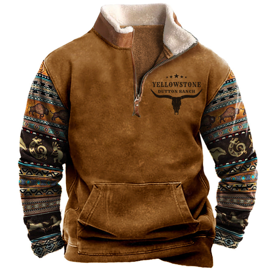 Men's Vintage Western Yellowstone Colorblock Jumper Big Size Zipper Stand Collar Sweatshirt | 99O9
