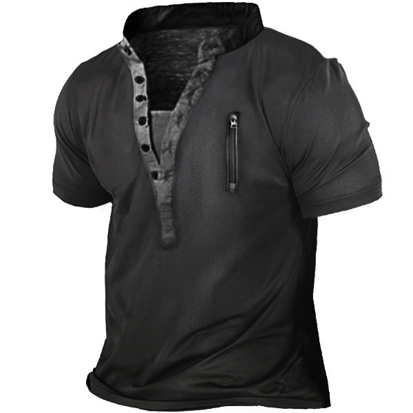 Men's Outdoor Zip Retro Print Tactical Henley Short Sleeve T-Shirt | 18CR