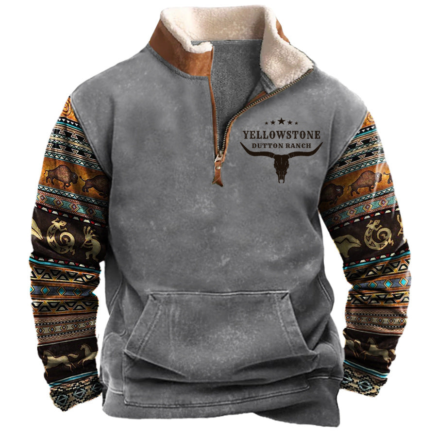 Men's Vintage Western Yellowstone Colorblock Jumper Big Size Zipper Stand Collar Sweatshirt | 99O9
