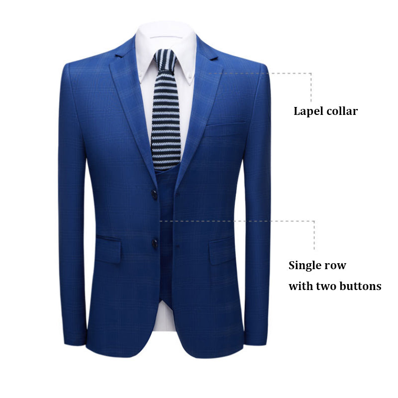 Men's 3 Pieces Slim Fit Suit Plaid Tuxedo Suit Dark Blue Business Wedding Dress Men Classic Formal Jacket Pants Vest