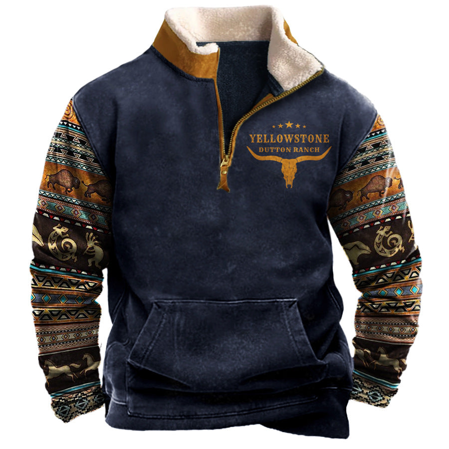 Men s Vintage Western Yellowstone Color block Zipper Stand Collar Sweatshirt 99O9 Gear Outlet