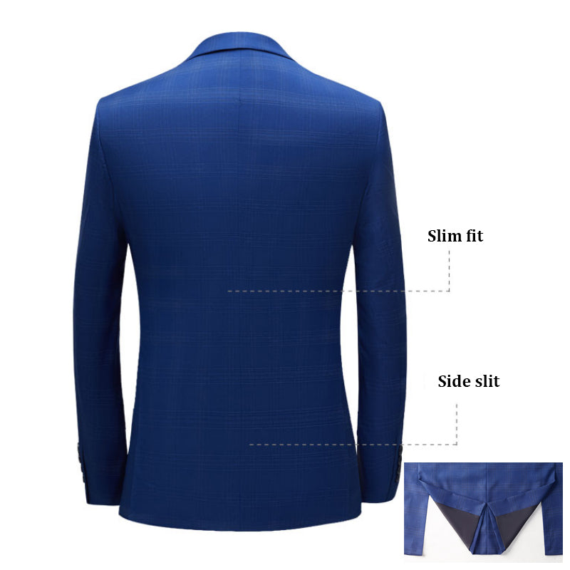 Men's 3 Pieces Slim Fit Suit Plaid Tuxedo Suit Dark Blue Business Wedding Dress Men Classic Formal Jacket Pants Vest