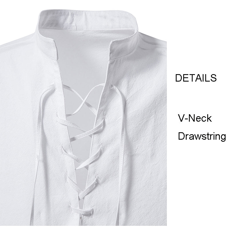 Men's V-Neck Drawstring Cotton Linen Henley Shirt Long Sleeve Hippie Casual Beach T Shirts | A275