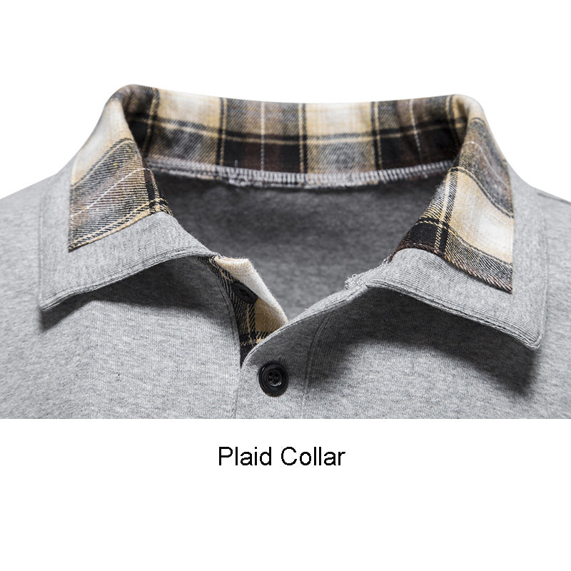 Men's Casual Long Sleeve Plaid Collar Polo Shirt with Pockets | D81
