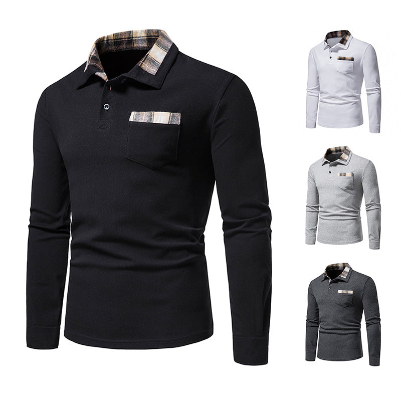 Men's Casual Long Sleeve Plaid Collar Polo Shirt with Pockets | D81