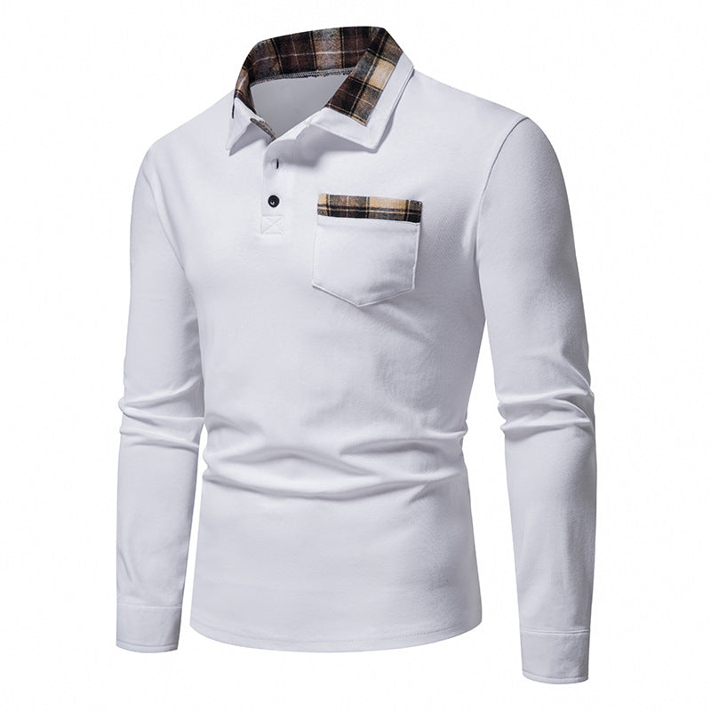 Men's Casual Long Sleeve Plaid Collar Polo Shirt with Pockets | D81