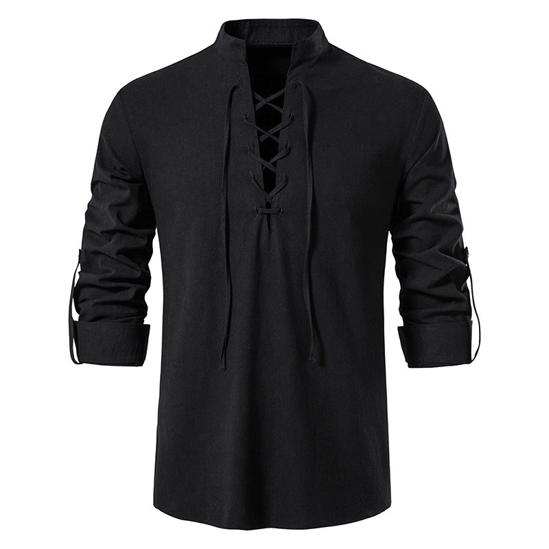 Men's V-Neck Drawstring Cotton Linen Henley Shirt Long Sleeve Hippie Casual Beach T Shirts | A275