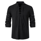 Men's V-Neck Drawstring Cotton Linen Henley Shirt Long Sleeve Hippie Casual Beach T Shirts | A275