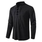 Men's V-Neck Drawstring Cotton Linen Henley Shirt Long Sleeve Hippie Casual Beach T Shirts | A275
