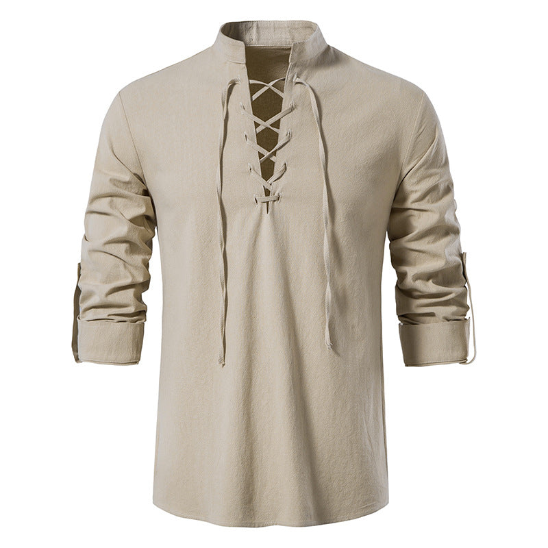 Men's V-Neck Drawstring Cotton Linen Henley Shirt Long Sleeve Hippie Casual Beach T Shirts | A275