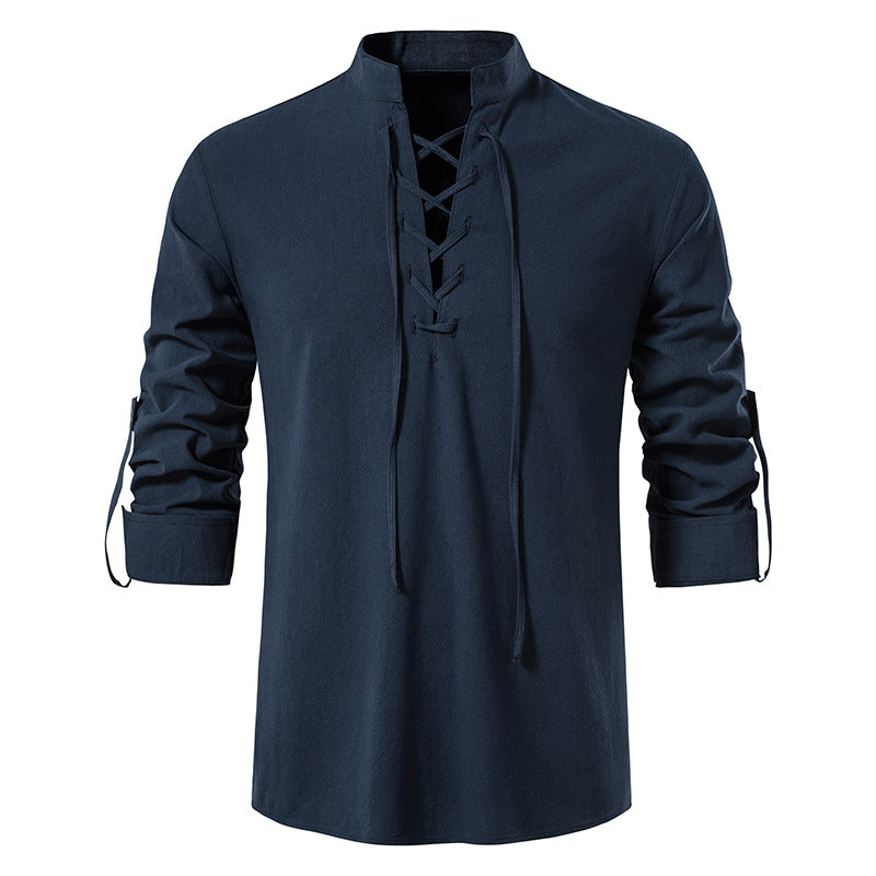 Men's V-Neck Drawstring Cotton Linen Henley Shirt Long Sleeve Hippie Casual Beach T Shirts | A275
