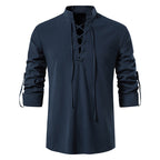 Men's V-Neck Drawstring Cotton Linen Henley Shirt Long Sleeve Hippie Casual Beach T Shirts | A275