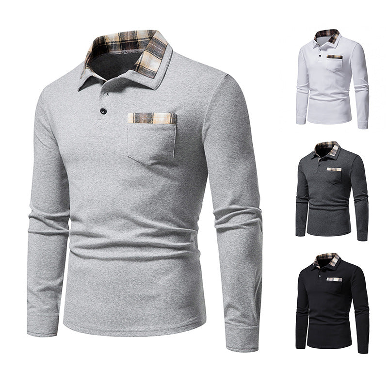 Men's Casual Long Sleeve Plaid Collar Polo Shirt with Pockets | D81
