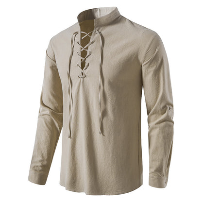 Men's V-Neck Drawstring Cotton Linen Henley Shirt Long Sleeve Hippie Casual Beach T Shirts | A275