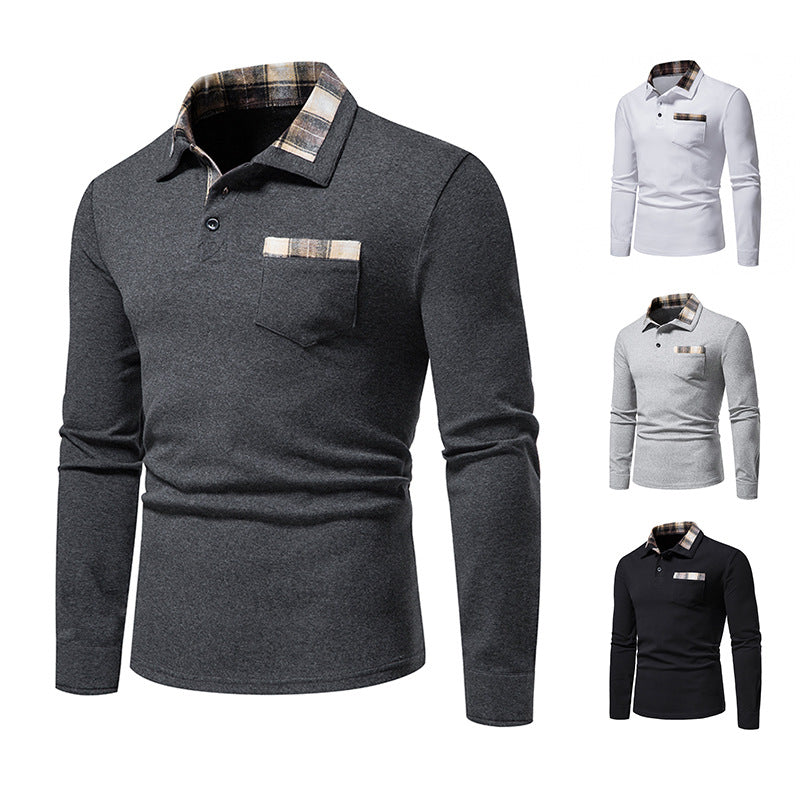 Men's Casual Long Sleeve Plaid Collar Polo Shirt with Pockets | D81