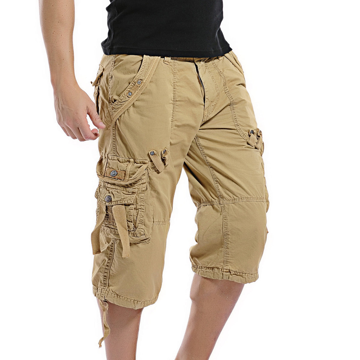 BRDFRL Mens Stretch Waist Cargo Shorts 3/4 Below Knee Cotton Casual Summer Pockets Khaki L BRDFRL Mens Stretch Waist Cargo Shorts 3/4 Below Knee Cotton Casual Summer Pockets Khaki L