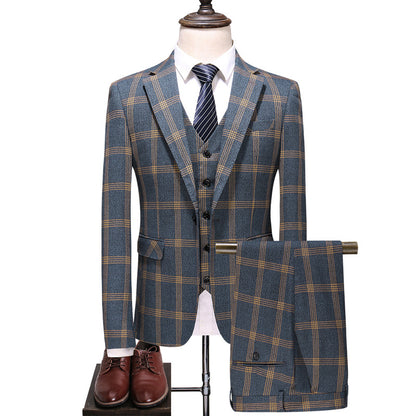 Tailored Men Handmade Premium Grey 3 Pieces Suit with Yellow Grid Wool Blend Checked Pattern Formal & Professional Dress