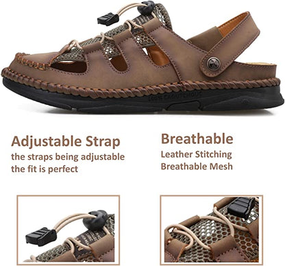 Mens Closed Toe Leather Sandals Athletic Strap Adjustable-7060