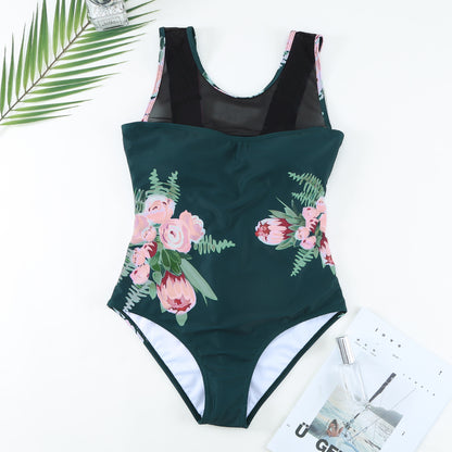 Green Floral Mesh Ladder Hollow-out Back One Piece Swimwear | LC442723