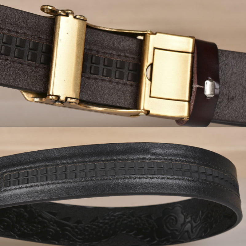 Mens Ratchet Belt Genuine Leather Belt with Automatic Alloy V Dragon Buckle