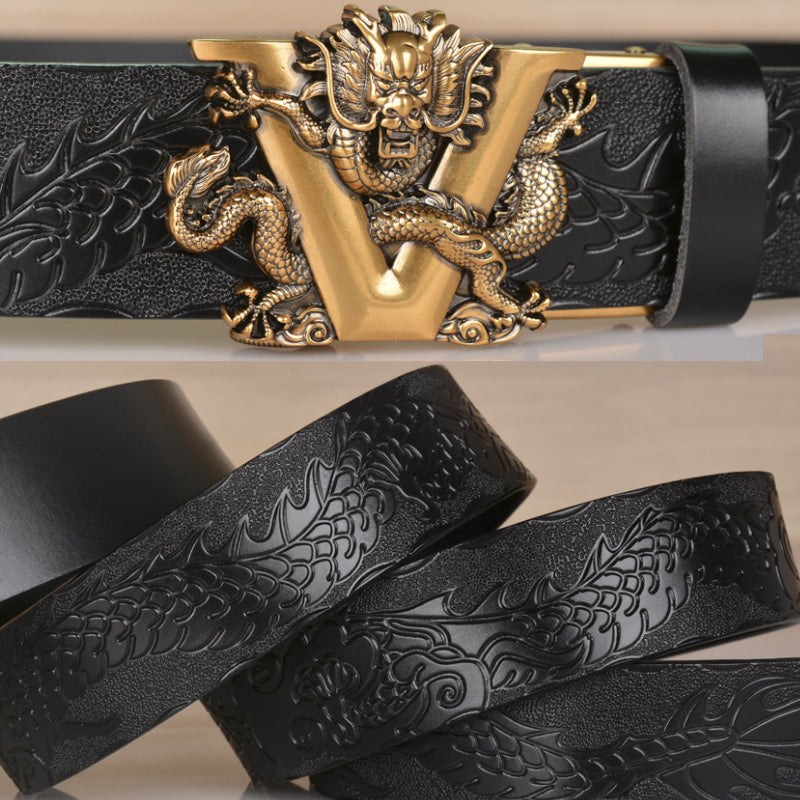 Mens Ratchet Belt Genuine Leather Belt with Automatic Alloy V Dragon Buckle