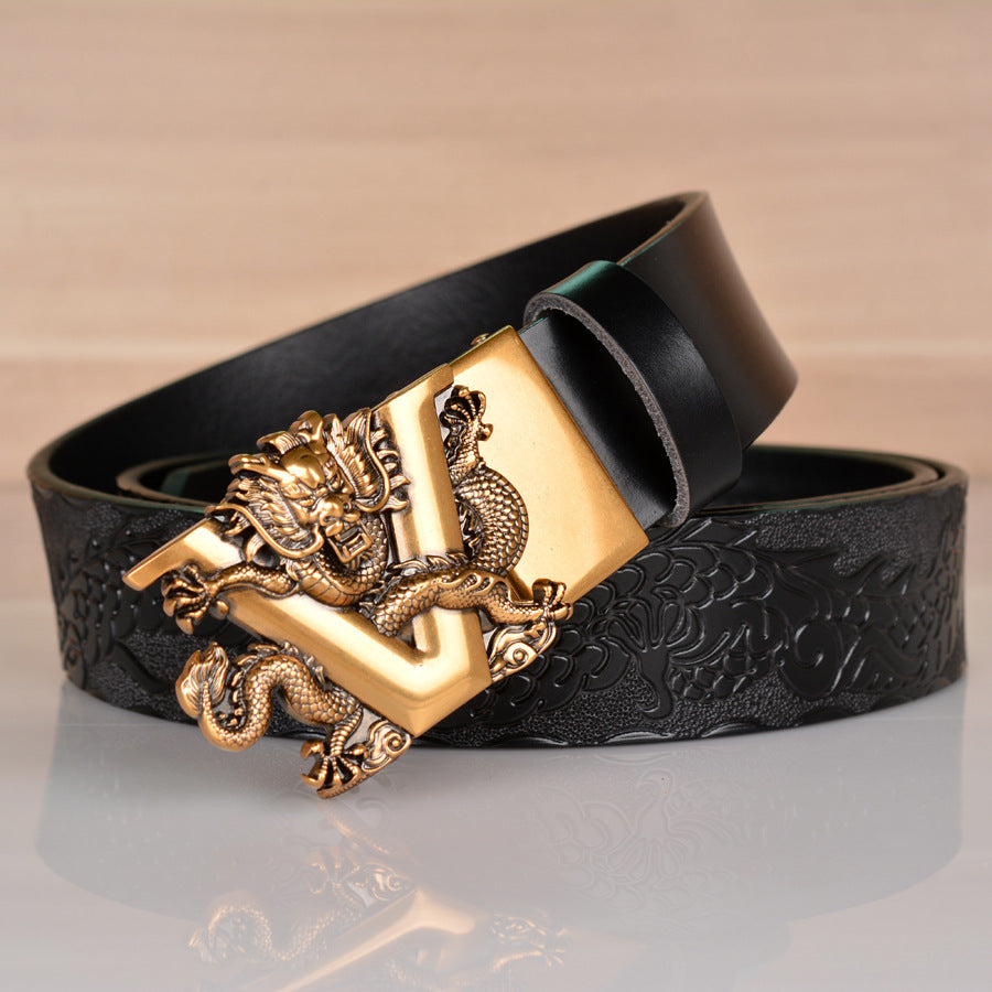 Mens Ratchet Belt Genuine Leather Belt with Automatic Alloy V Dragon Buckle