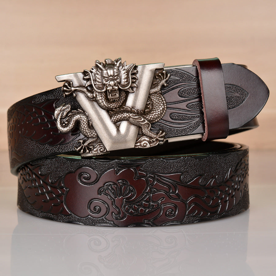 Mens Ratchet Belt Genuine Leather Belt with Automatic Alloy V Dragon Buckle