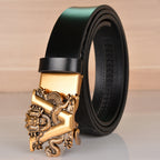 Mens Ratchet Belt Genuine Leather Belt with Automatic Alloy V Dragon Buckle