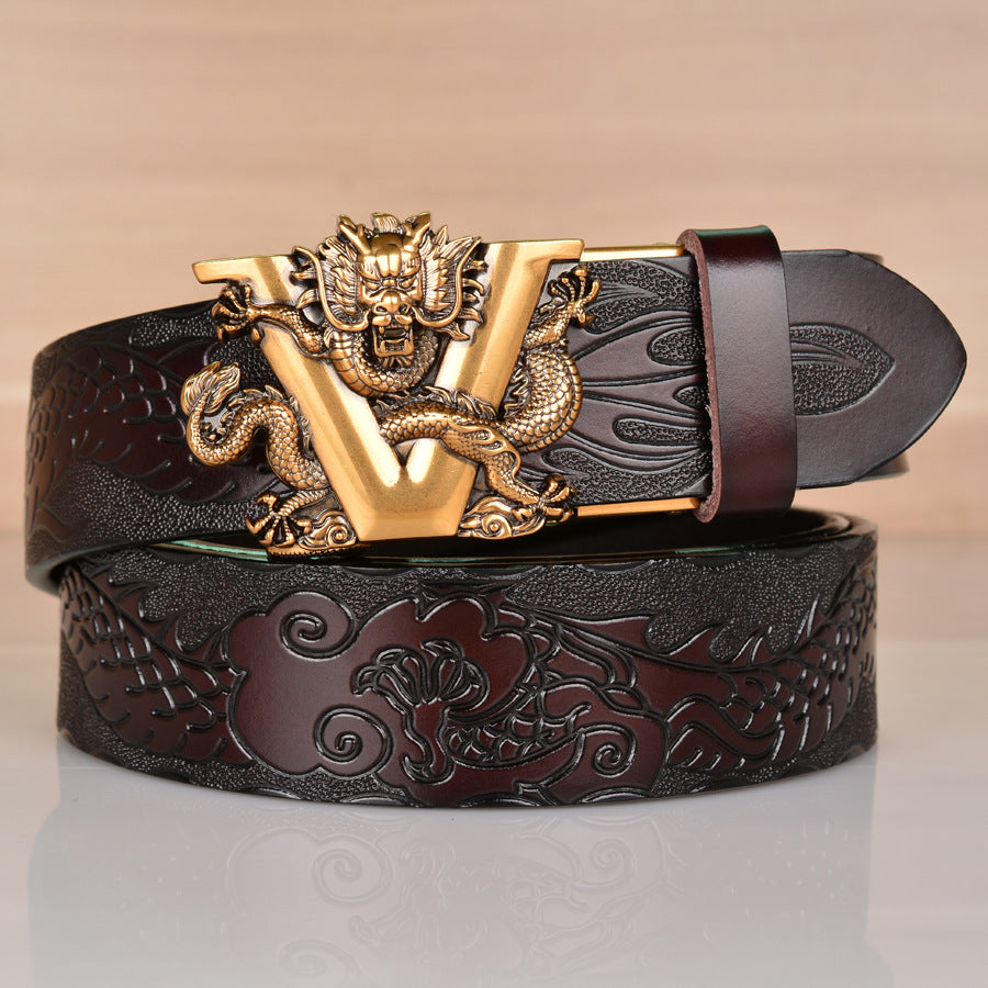 Mens Ratchet Belt Genuine Leather Belt with Automatic Alloy V Dragon Buckle