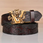 Mens Ratchet Belt Genuine Leather Belt with Automatic Alloy V Dragon Buckle