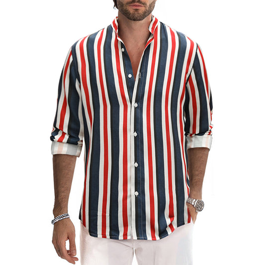 Camicia casual da uomo in cotone a righe a maniche lunghe con collo a fascia e bottoni | +MC255371-4019 