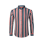 Mens Casual Cotton Striped Long Sleeve Linen Feel Shirts Band Collar Button Down Shirt | +MC255371-4019