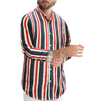 Mens Casual Cotton Striped Long Sleeve Linen Feel Shirts Band Collar Button Down Shirt | +MC255371-4019