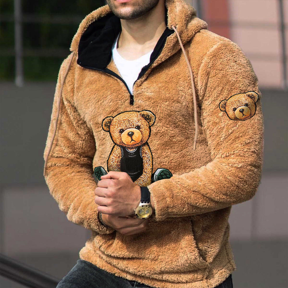 Men's Premium Soft & Warm Hood Jacket Lamb Wool Knit Teddy Bear Hoodie