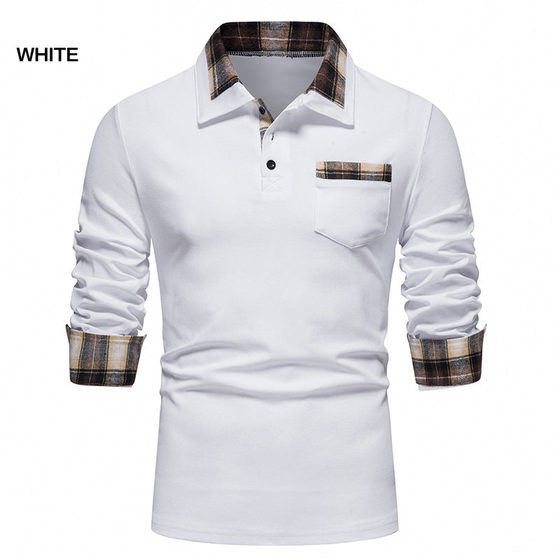Men's Casual Long Sleeve Plaid Collar Polo Shirt with Pockets | D81