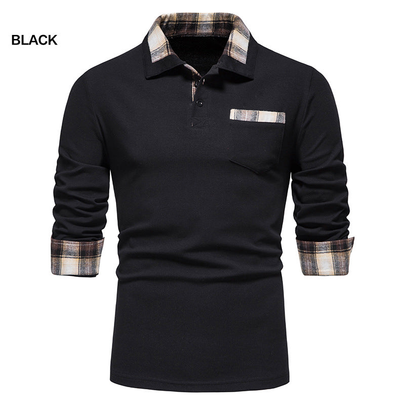 Men's Casual Long Sleeve Plaid Collar Polo Shirt with Pockets | D81