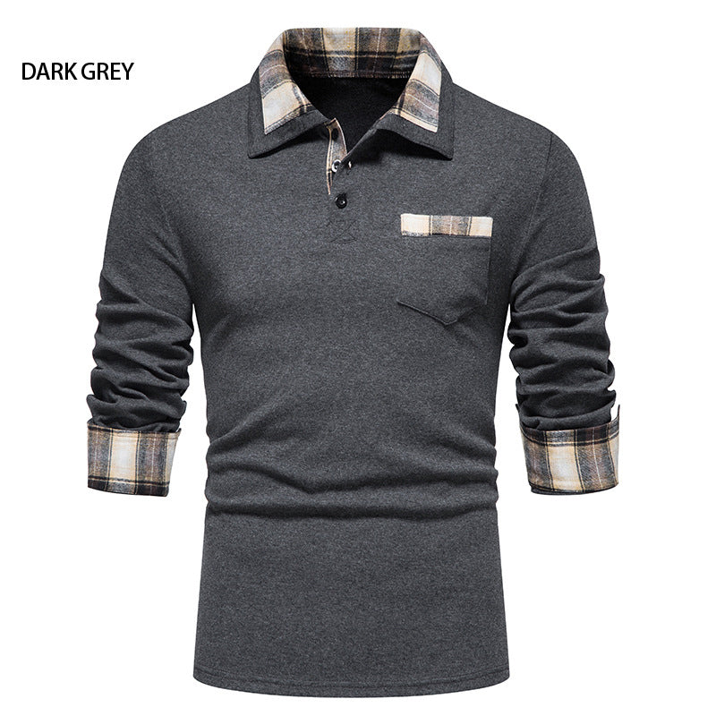 Men's Casual Long Sleeve Plaid Collar Polo Shirt with Pockets | D81