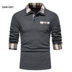 Men's Casual Long Sleeve Plaid Collar Polo Shirt with Pockets | D81