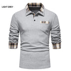 Men's Casual Long Sleeve Plaid Collar Polo Shirt with Pockets | D81
