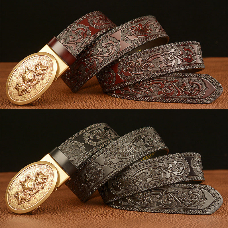 Mens Ratchet Belt,Genuine Leather Belt with Automatic  Wolf Buckle Alloy | TCZD003