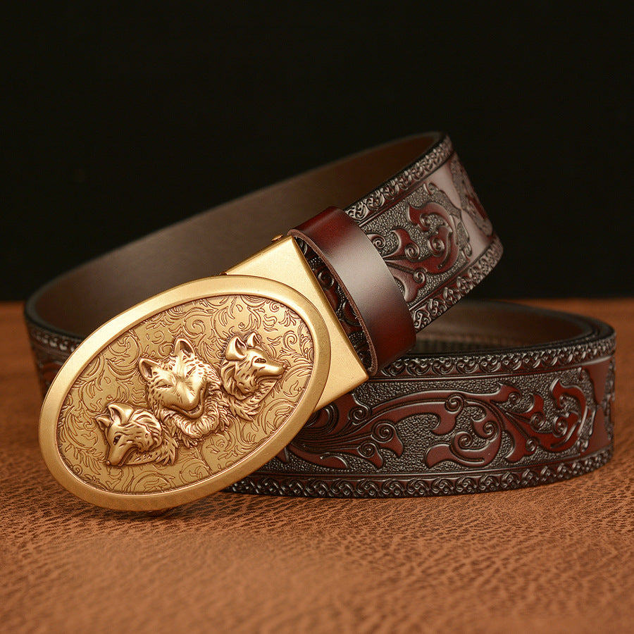 Mens Ratchet Belt,Genuine Leather Belt with Automatic  Wolf Buckle Alloy | TCZD003