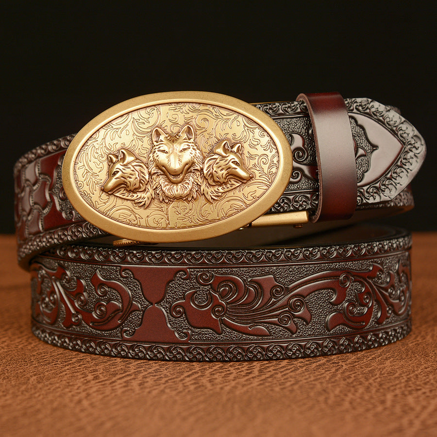 Mens Ratchet Belt,Genuine Leather Belt with Automatic  Wolf Buckle Alloy | TCZD003