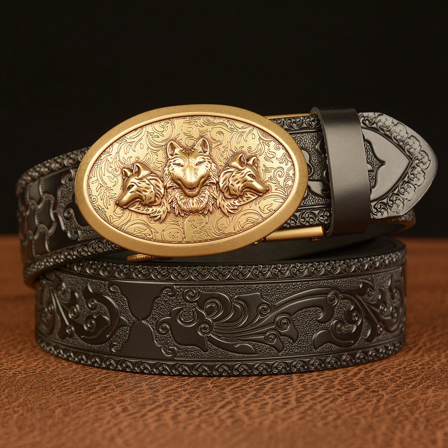 Mens Ratchet Belt,Genuine Leather Belt with Automatic  Wolf Buckle Alloy | TCZD003