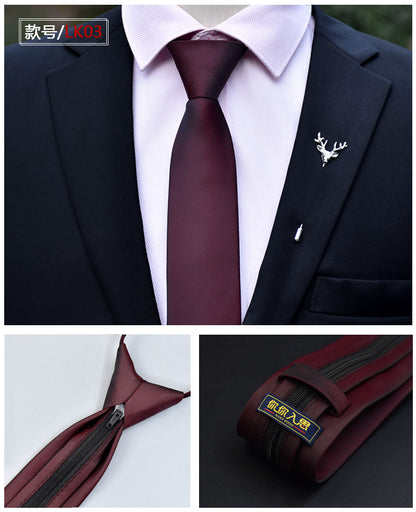 Classic Solid Color Silky Zipper Necktie Men's Pretied Ties  |  LK02