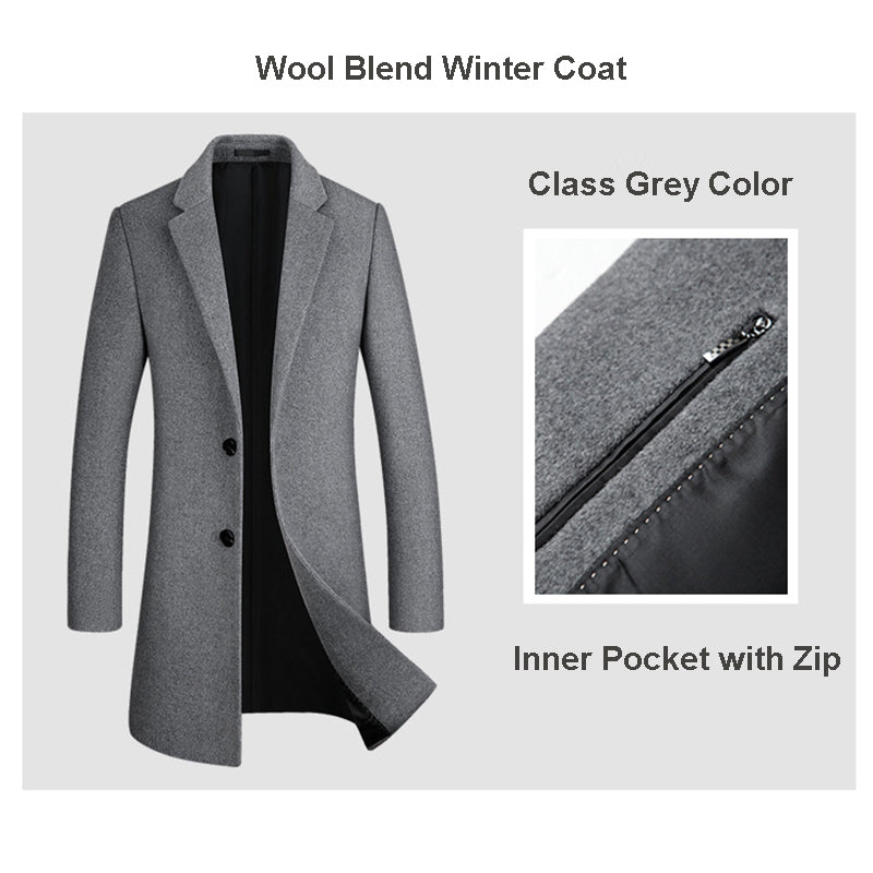 Men’s Premium Wool Overcoat Long Slim Fit Pea Trench Coat | xz5903