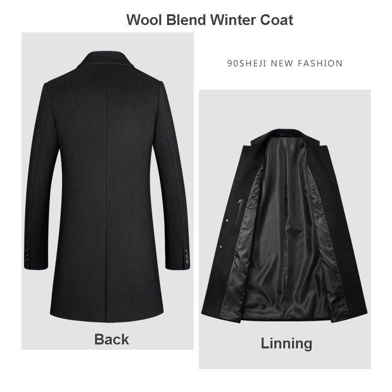 Men’s Premium Wool Overcoat Long Slim Fit Pea Trench Coat | xz5903