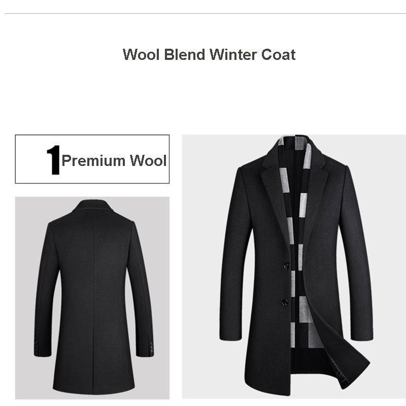 Men’s Premium Wool Overcoat Long Slim Fit Pea Trench Coat | xz5903